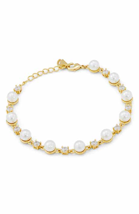 14k Gold Plated Cubic Zirconia & Shell Pearl Link Bracelet