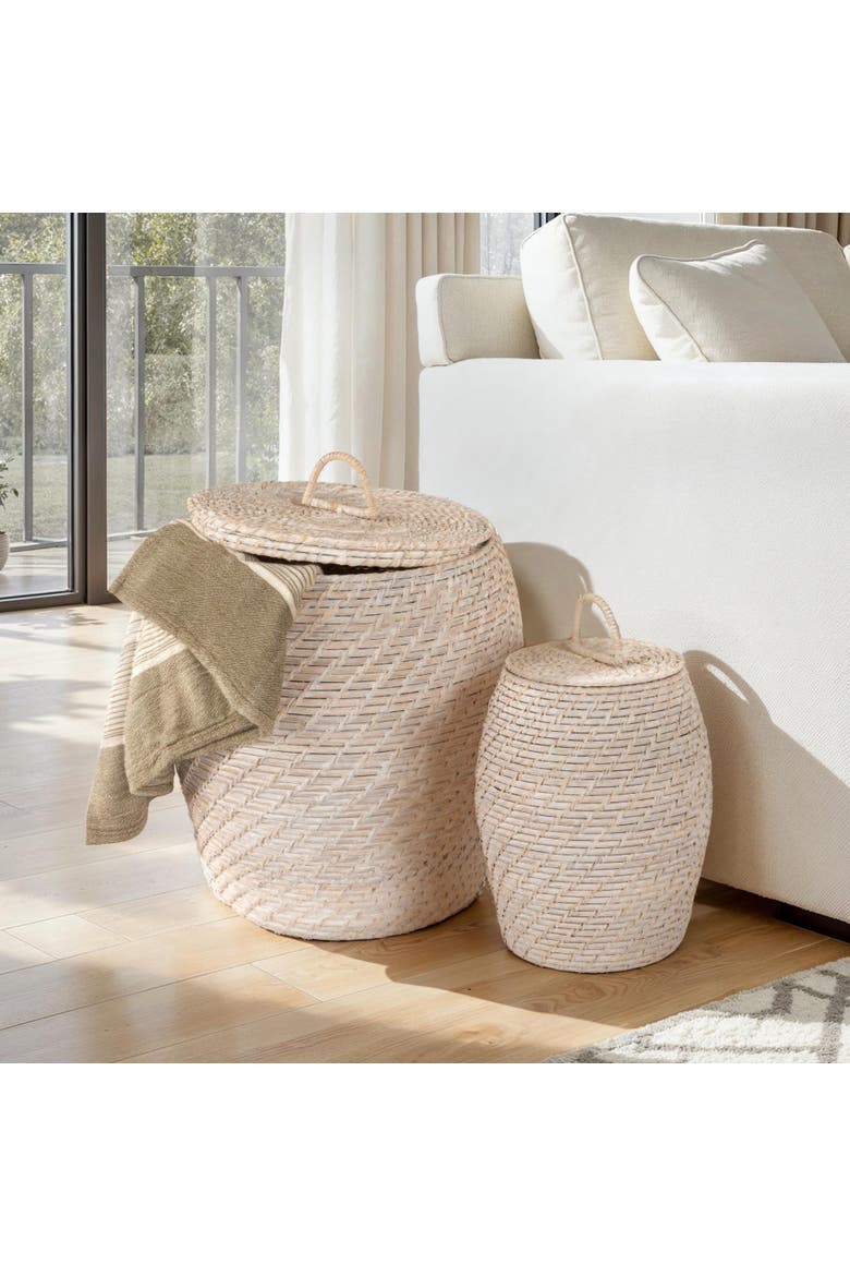 Decorative Hand-Woven Rattan Storage Baskets with Lids, Whitewashed, Set of 2, Alternate, color, White