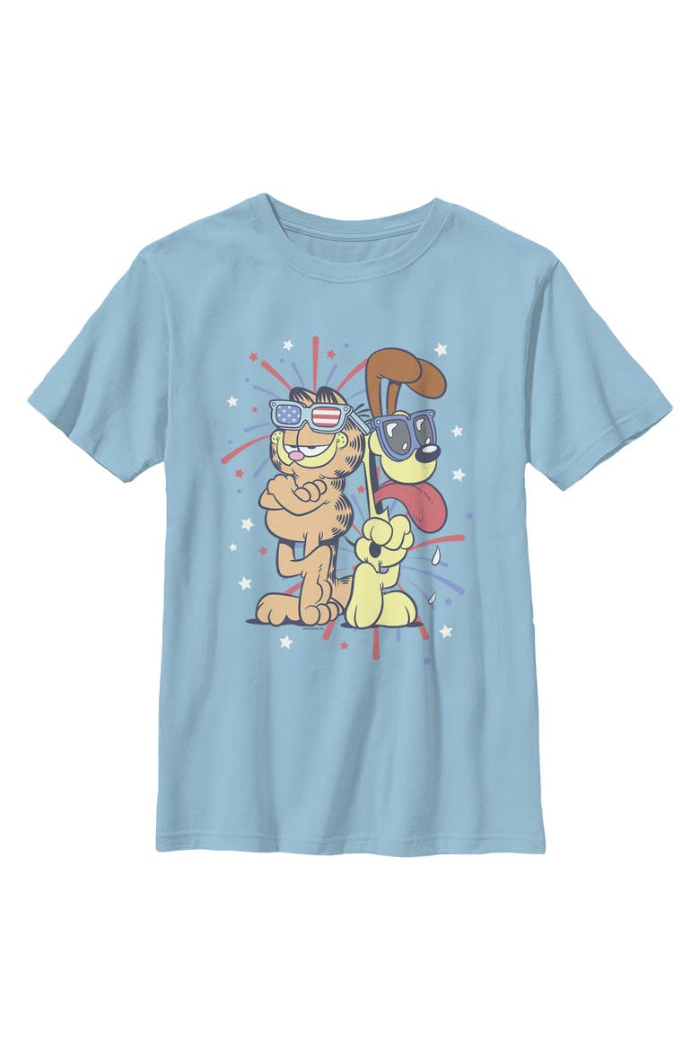 Boy's Garfield Patriotic Cat and Dog Celebration  Graphic T-Shirt, Main, color, Light Blue