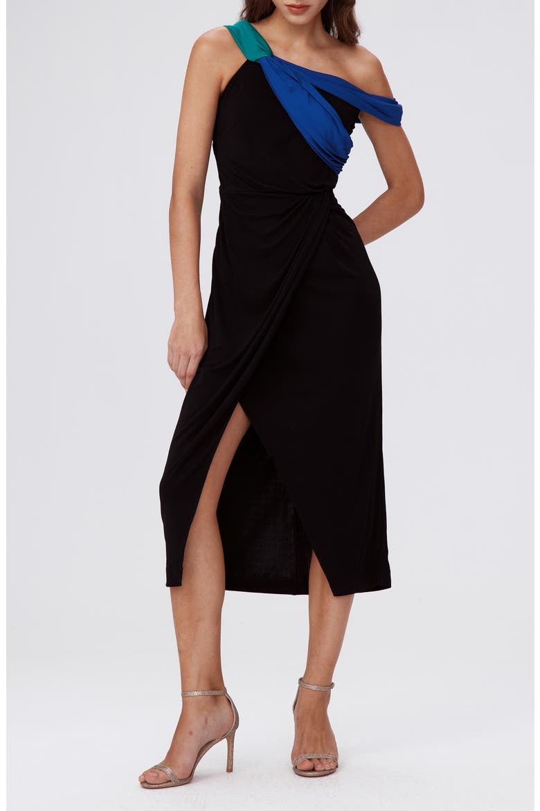 Terin Colorblock One-Shoulder Dress, Alternate, color, BLACK/ROYAL BLUE/EMERALD
