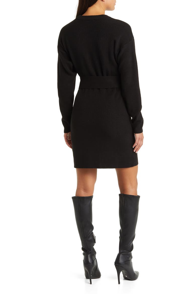 Long Sleeve Belted Mini Sweater Dress, Alternate, color, BLACK