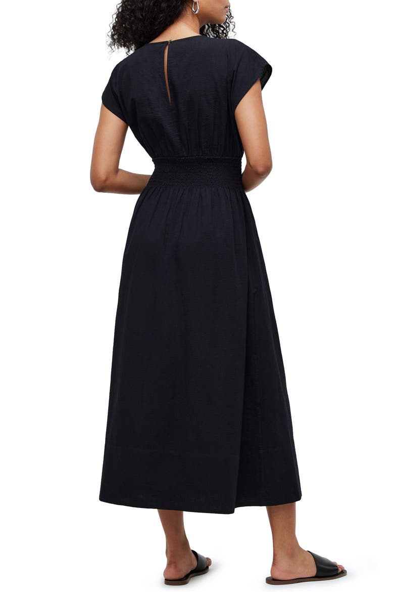 Stripe Smocked Waist Seersucker Midi Dress, Alternate, color, TRUE BLACK