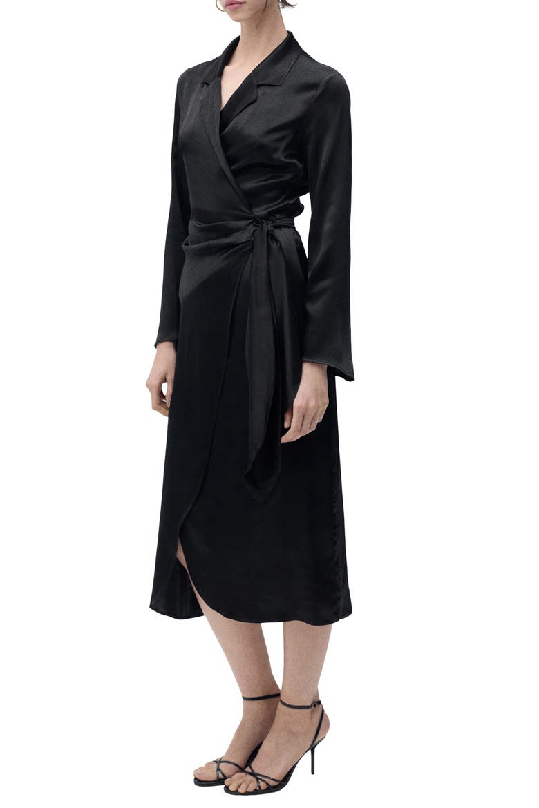Long Sleeve Satin Wrap Midi Shirtdress, Main, color, BLACK