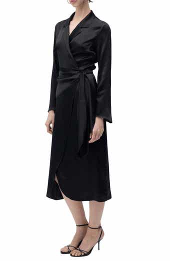 MANGO Long Sleeve Satin Wrap Midi Shirtdress