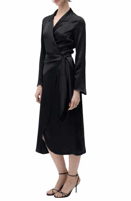 MANGO Long Sleeve Satin Wrap Midi Shirtdress