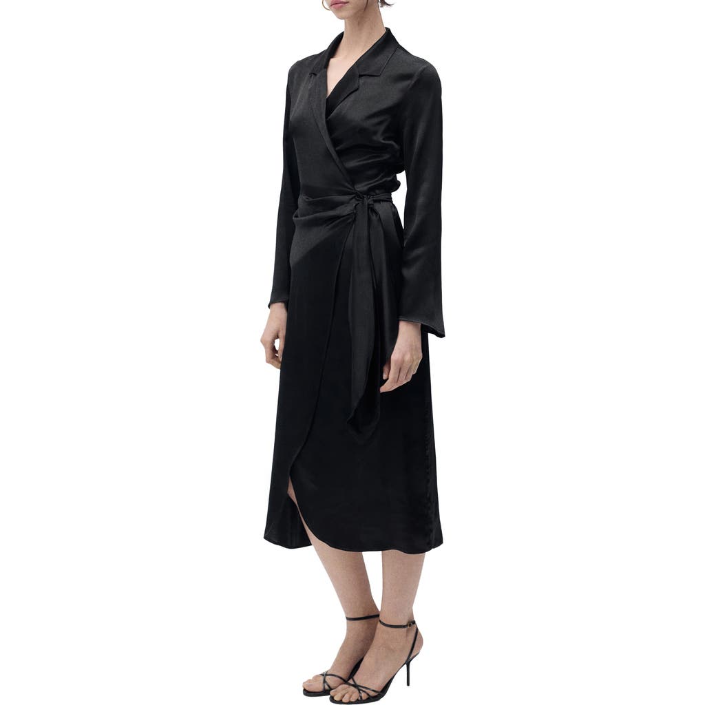 Mango Long Sleeve Satin Wrap Midi Shirtdress In Black
