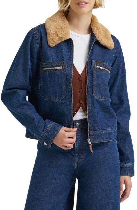 Faux Fur Collar Zip Front Denim Jacket