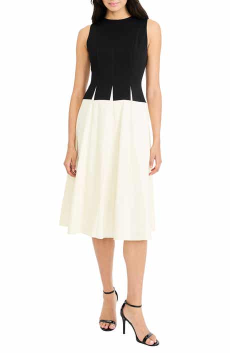 Two-Tone Drop Waist Stretch Cotton Midi Dress