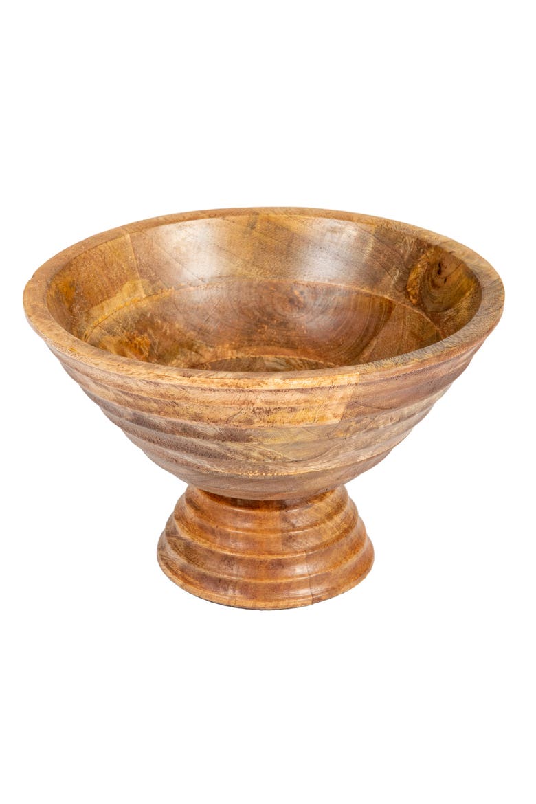 Boho Wood Pedestal Serving Bowl, Light Brown Finish, Main, color, Brown