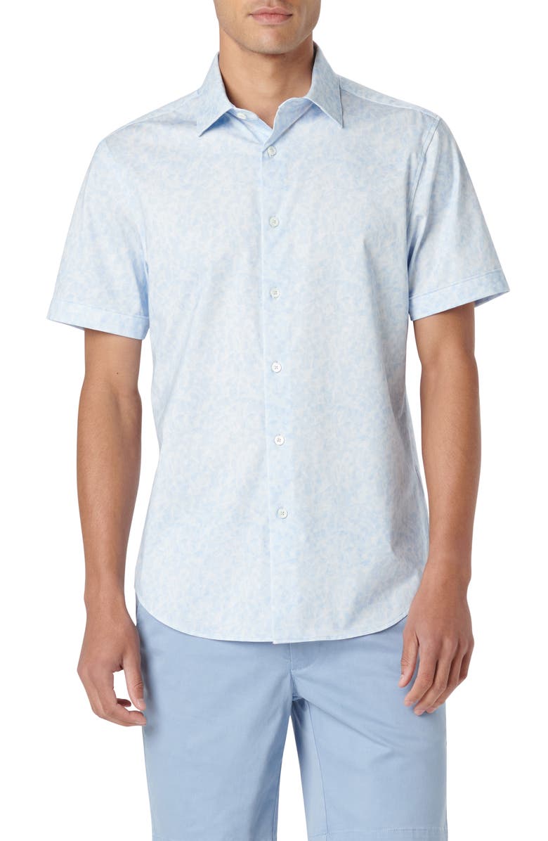 Bugatchi Miles OoohCotton<sup>®</sup> Watercolor Short Sleeve Button-Up Shirt, Main, color, Sky