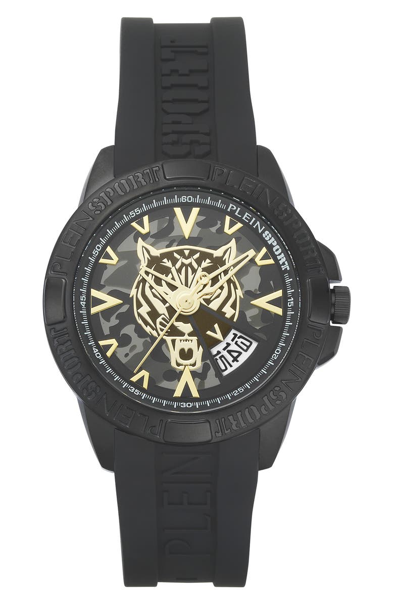 PLEIN SPORT Touchdown Silicone Strap Watch, 44mm, Main, color, Ip Black