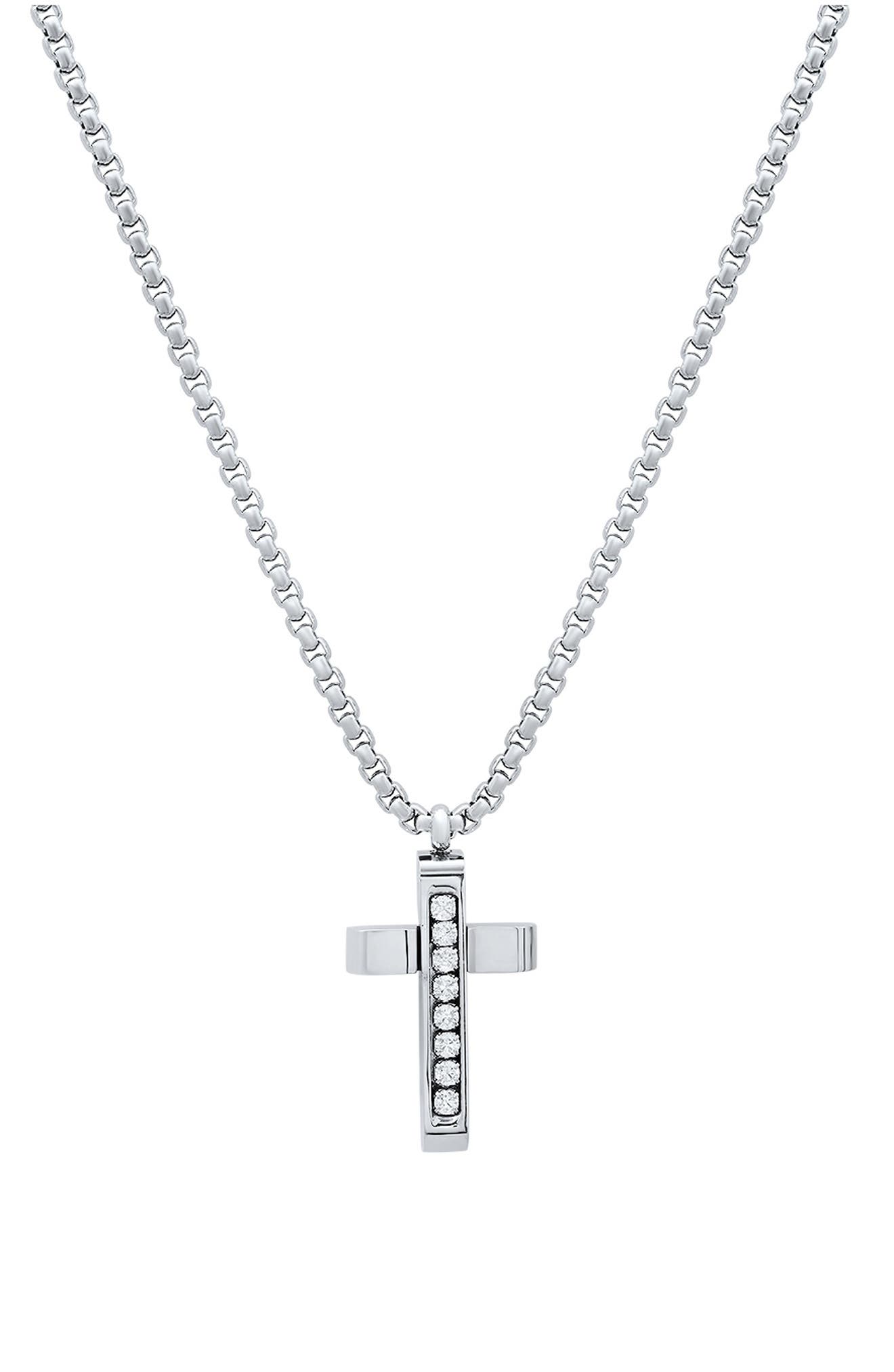 HMY JEWELRY Men's Stainless Steel Cubic Zirconia Cross Pendant Necklace