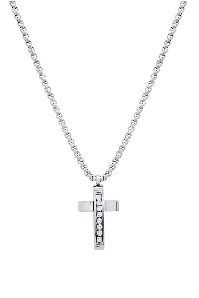 Men's Stainless Steel Cubic Zirconia Cross Pendant Necklace, Main, color, SILVER
