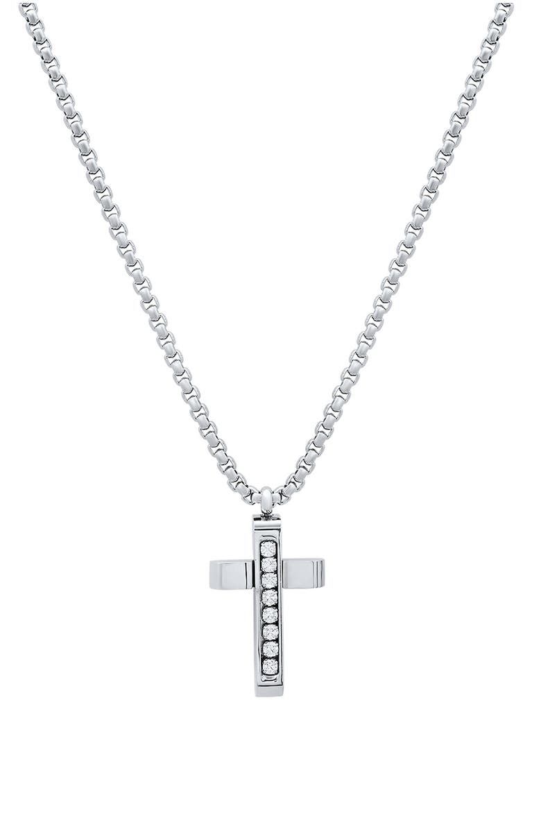 HMY JEWELRY Men's Stainless Steel Cubic Zirconia Cross Pendant Necklace, Main, color, Silver