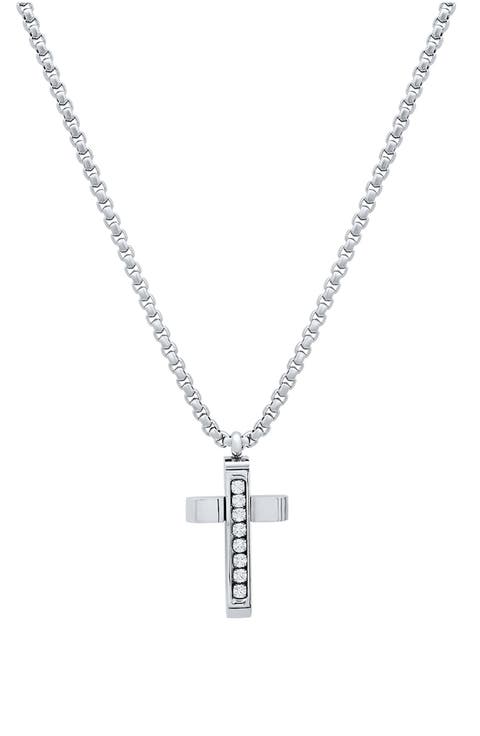 Men's Stainless Steel Cubic Zirconia Cross Pendant Necklace