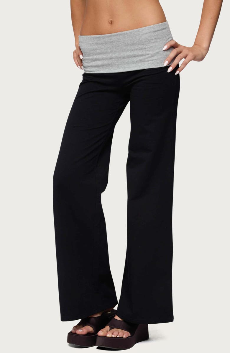 EDIKTED Contrast Foldover Wide Leg Pants, Main, color, Black