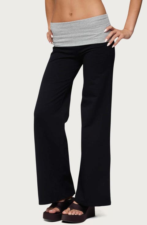Contrast Foldover Wide Leg Pants