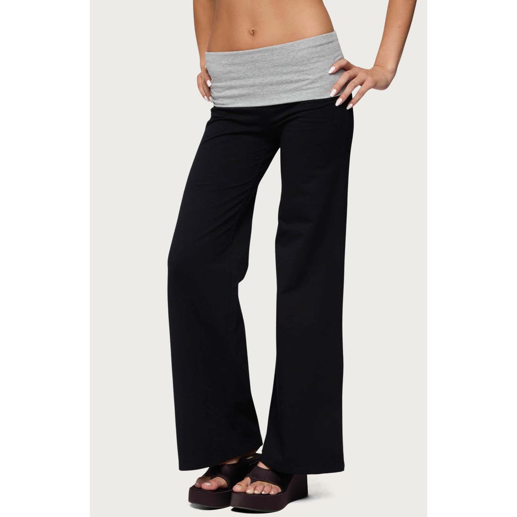 Edikted Wide Leg Contrast Fold Over Pants In Black