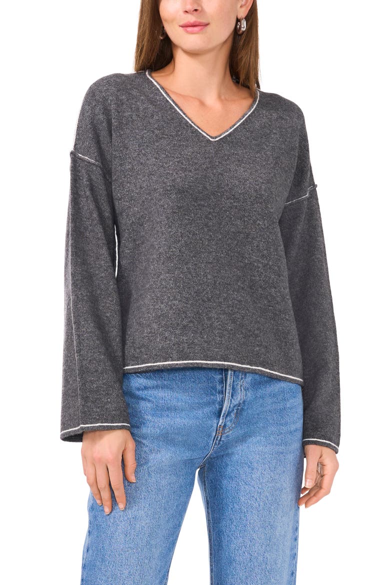 Contrast Detail V-Neck Sweater, Main, color, MED HTHRGREY