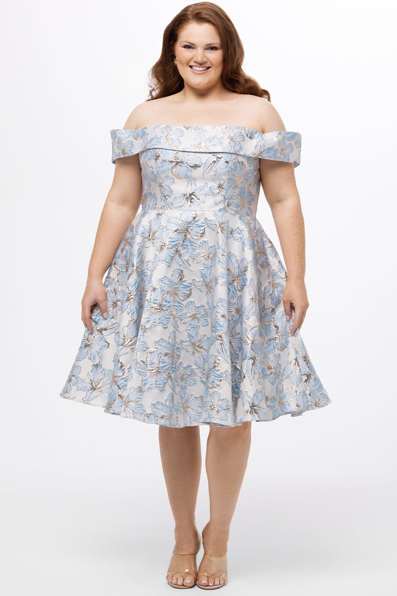 Off-The-Shoulder Brocaade Plus Size Party Dress, Main, color, Light Blue Floral