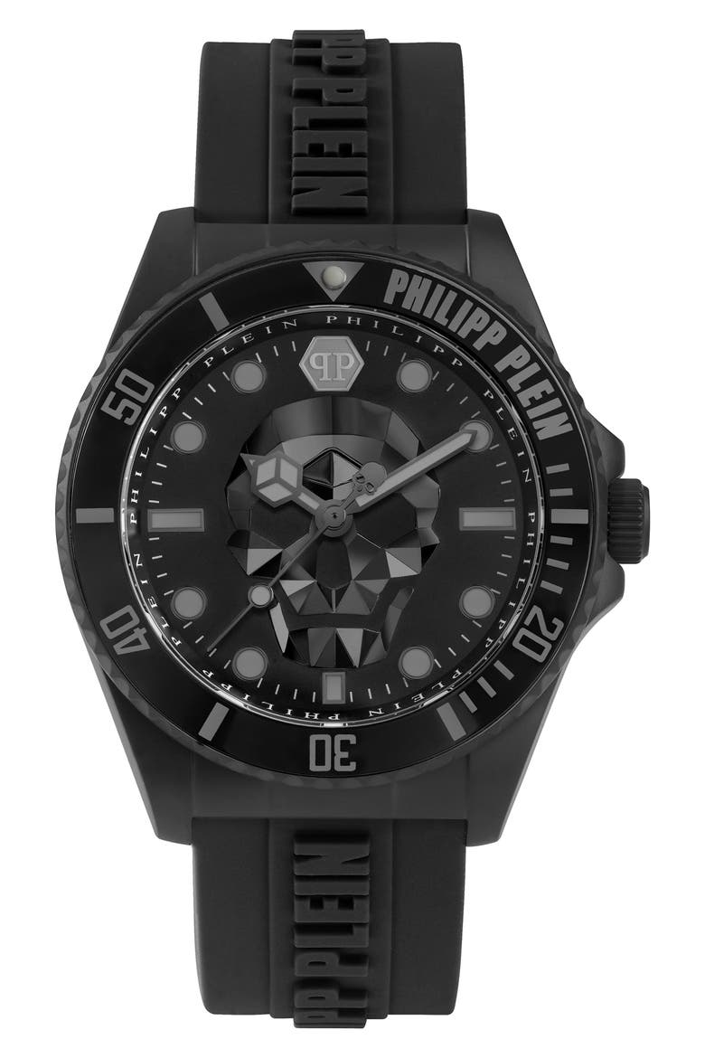 The $kull Carbon Fiber Dial Silicone Strap Watch, 44mm, Main, color, IP BLACK