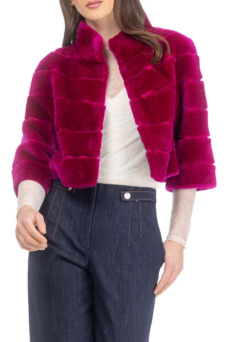 Genuine Shearling Cropped Bolero with Cropped Sleeves, Alternate, color, MAGENTA