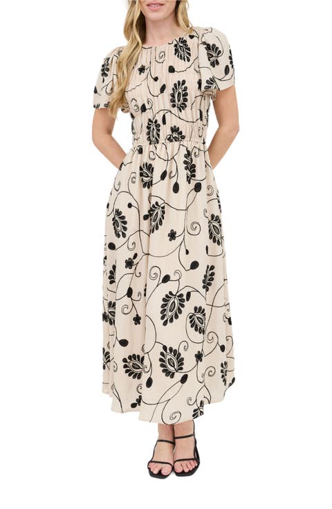Embroidered Smocked Short Sleeve Maxi Dress