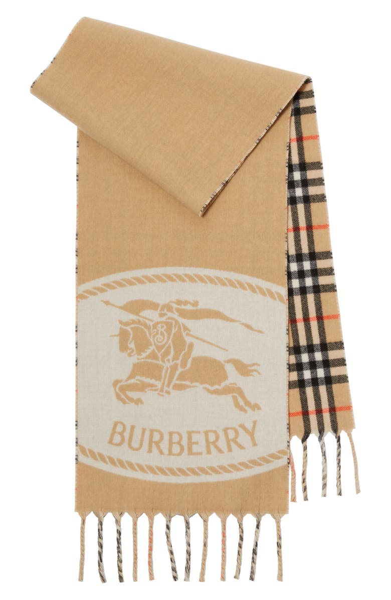Burberry Reversible EKD Check Cashmere Scarf, Main, color, Sand