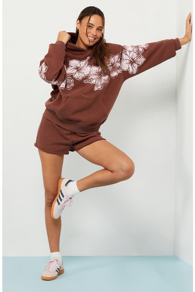 Hibiscus Print Cotton Blend Hoodie, Alternate, color, BROWN
