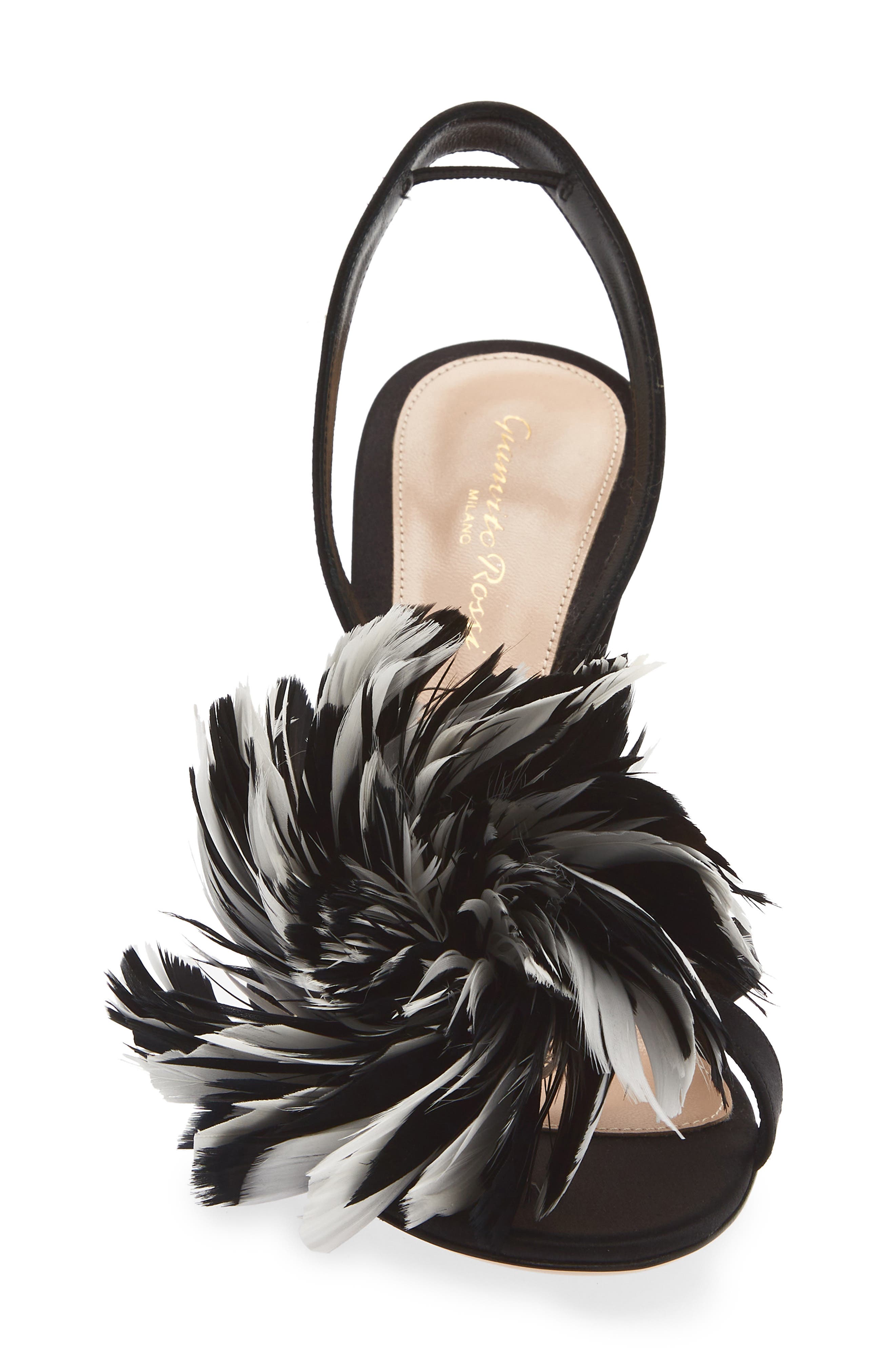 Fenice Satin & Feather Slingback Sandal, Alternate, color, BLACK WHITE