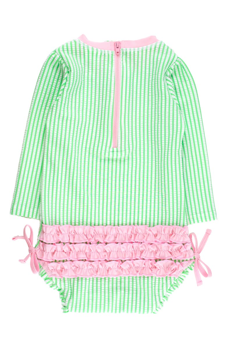 RuffleButts Kids' Seersucker Long Sleeve One-Piece Rashguard Swimsuit, Alternate, color, Green