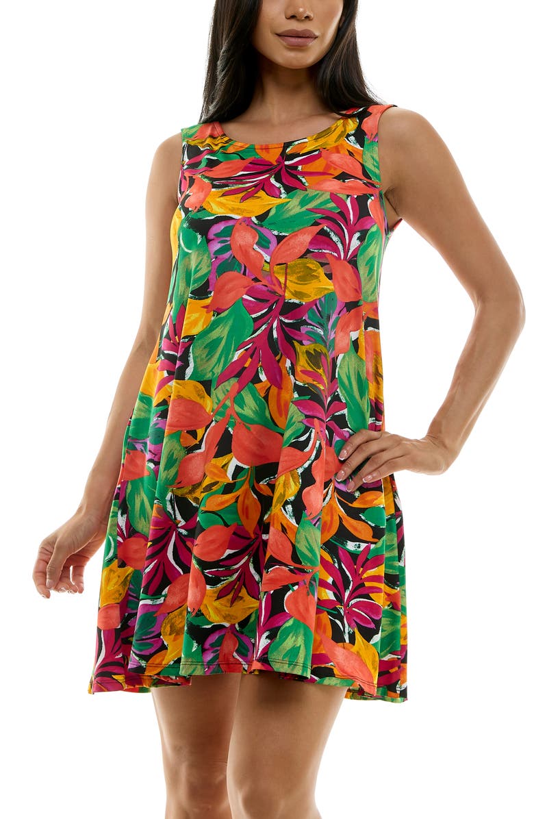 Nina Leonard Scoop Neck Sleeveless Dress, Alternate, color, Black/Guava Multi