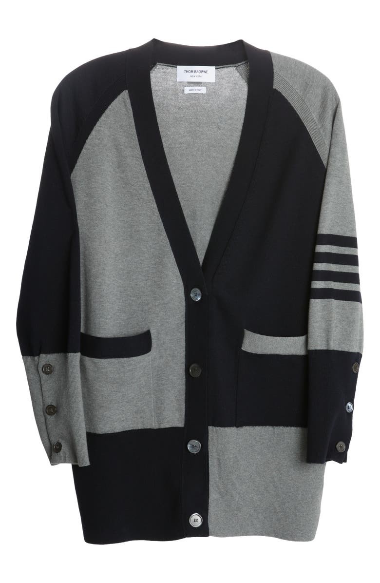 Thom Browne 4-Bar Colorblock V-Neck Cotton Cardigan, Alternate, color, 