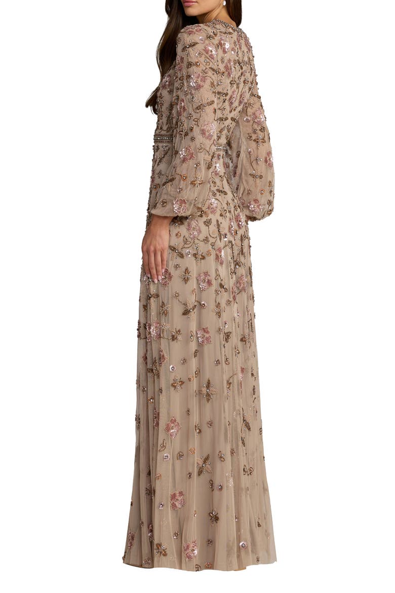 Sequin Mesh Blouson Long Sleeve A Line Gown, Alternate, color, Taupe