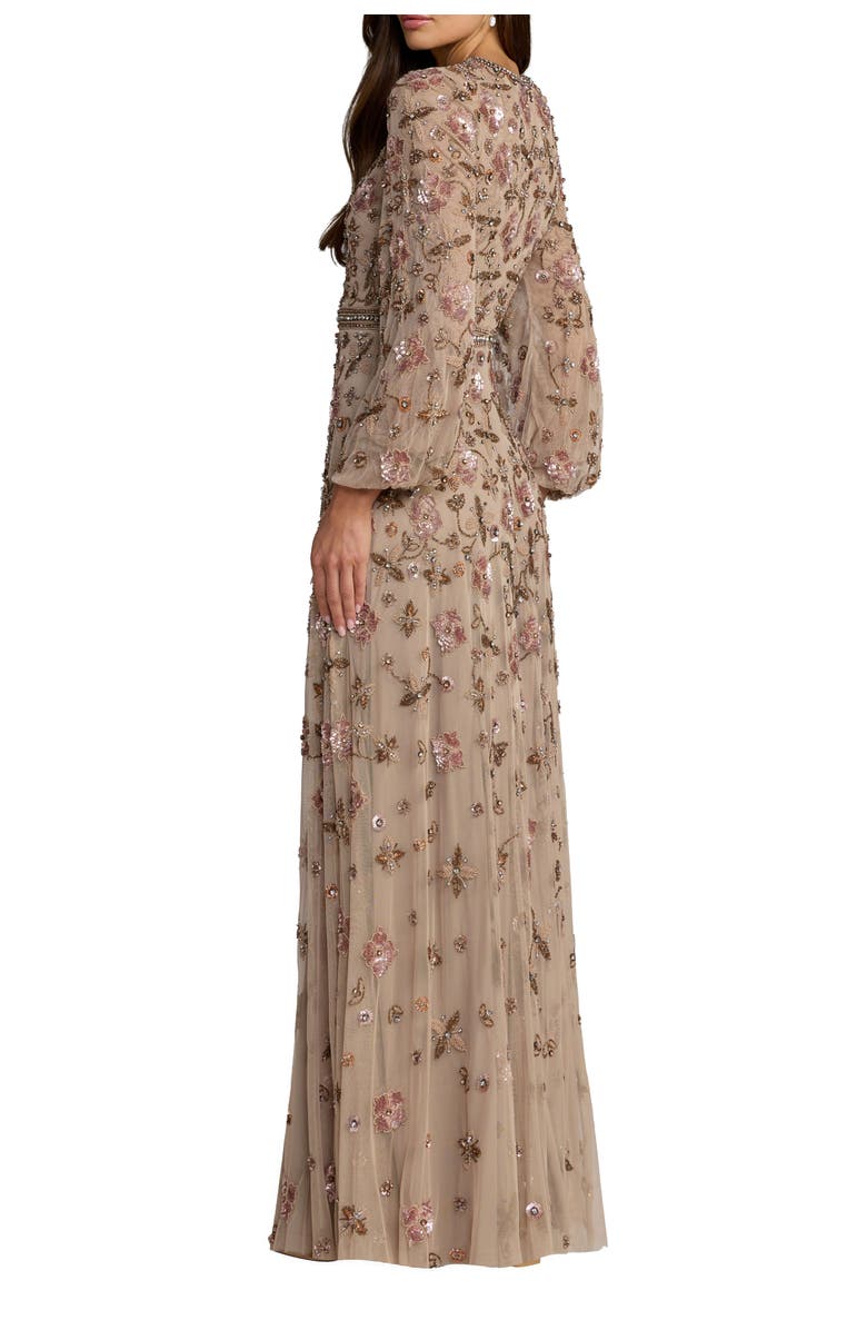 Mac Duggal Sequin Mesh Blouson Long Sleeve A Line Gown, Alternate, color, Taupe