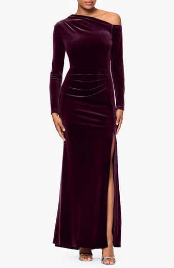 Betsy & Adam One-Shoulder Long Sleeve Velvet Gown