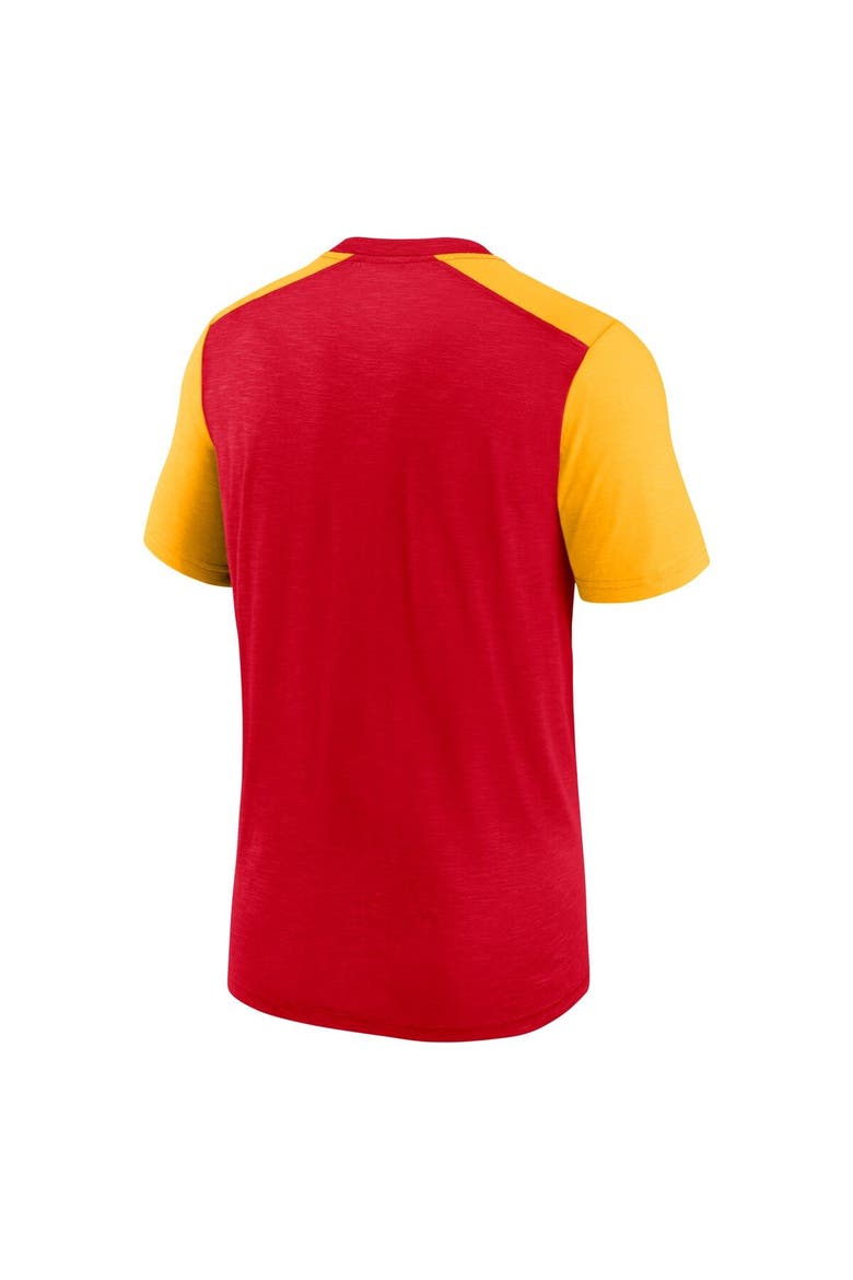 Men's Nike Heathered Red/Heathered Gold Kansas City Chiefs Color Block Team Name T-Shirt, Alternate, color, Heather Red
