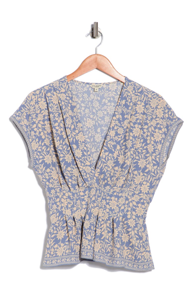 V-Neck Short Sleeve Pleated Top, Alternate, color, SKY SUMMER SILHOUETTE
