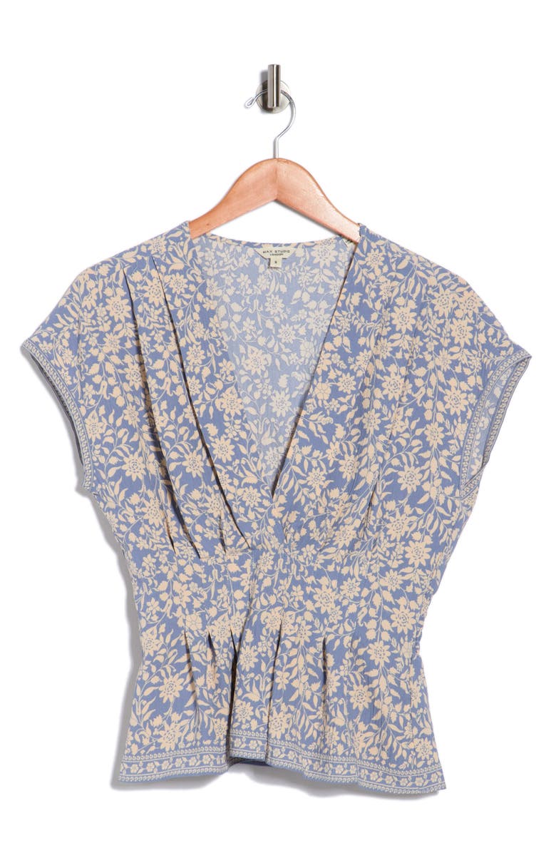 MAX STUDIO V-Neck Short Sleeve Pleated Top, Main, color, Sky Summer Silhouette