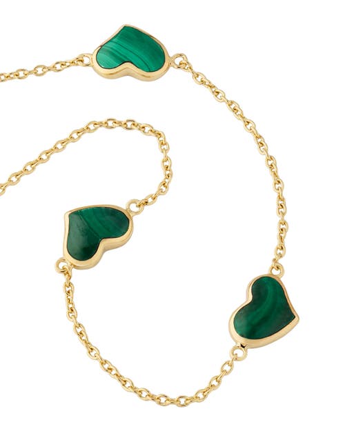 Jan Leslie Triple Station Heart 20" Necklace Set In Sterling Silver With 18k Gold Overlay In Green