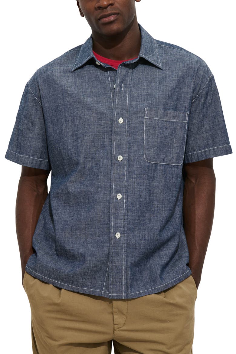 Franklin Short Sleeve Cotton Chambray Button-Up Shirt, Main, color, MEDIUM WASH