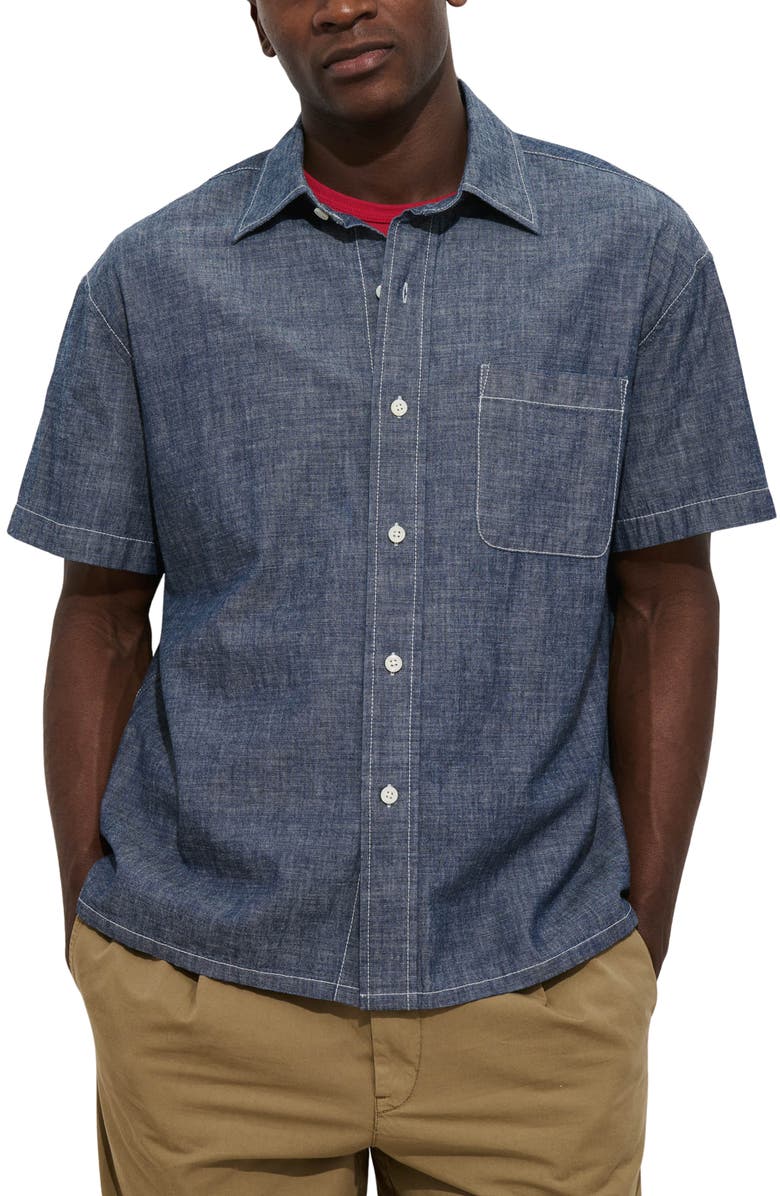 Alex Mill Franklin Short Sleeve Cotton Chambray Button-Up Shirt, Main, color, Medium Wash