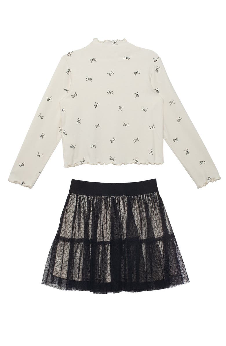 Mabel + Honey Mabel and Honey Bow Chic Two-Piece Set for Girls, Ivory Bow-Print Top and Black Layered Lace Skirt., Alternate, color, Ivory