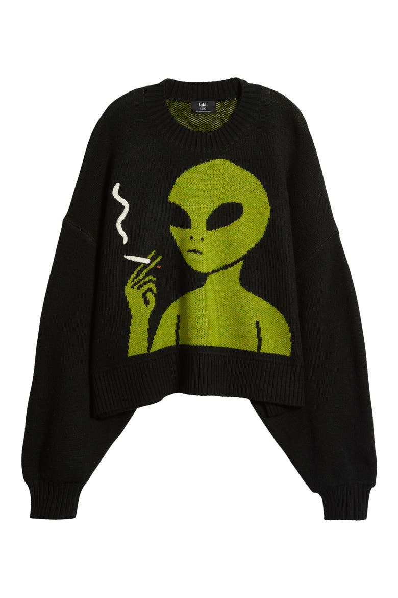 Keep Lalaland Weird Oversize Sweater, Alternate, color, BLACK WITH GREEN ALIEN