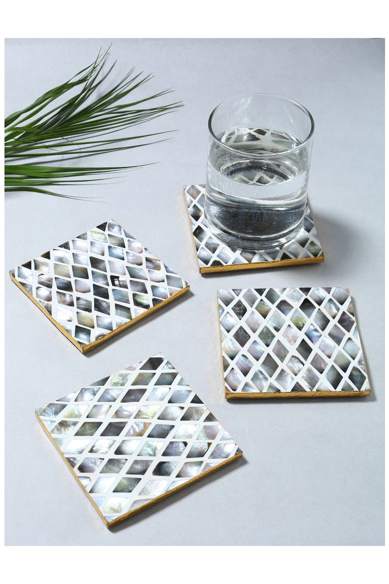 Mother-of-Pearl Set of 4 Coasters, Alternate, color, BLACK/ GREY