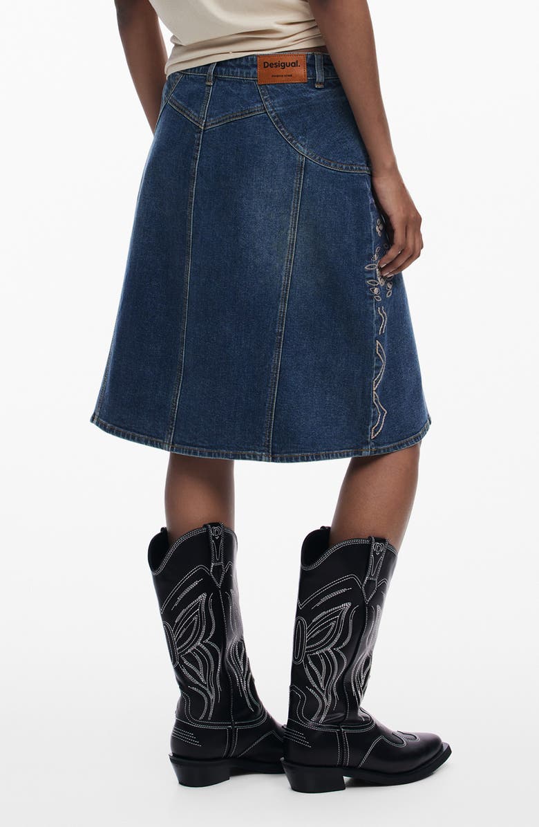 Desigual Embroidered A-Line Stretch Denim Skirt, Alternate, color, Medium Blue