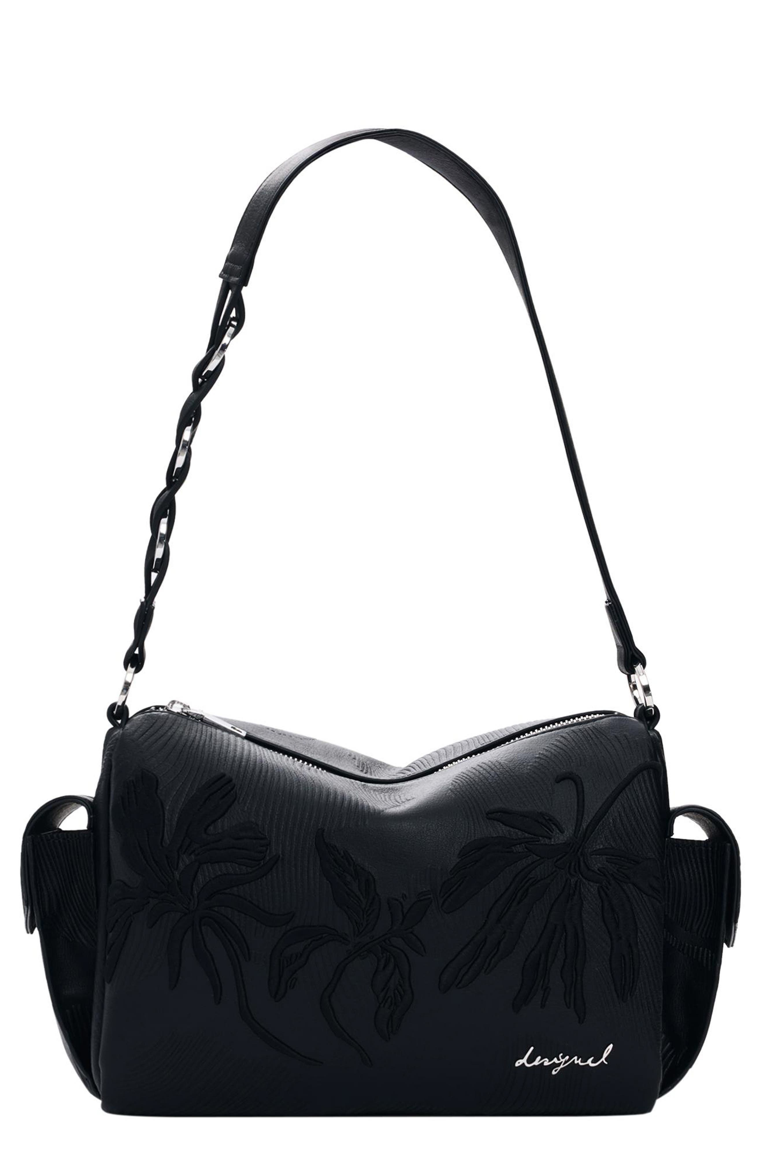 Desigual Floral Embroidered Faux Leather Shoulder Bag, Main, color, 
