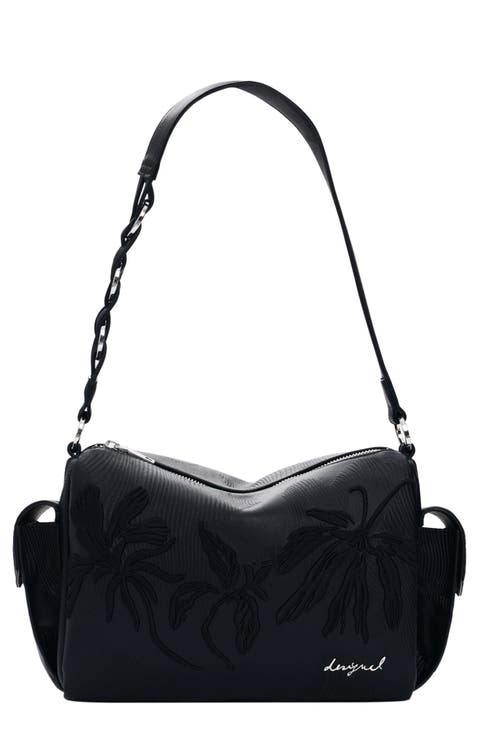 Floral Embroidered Faux Leather Shoulder Bag