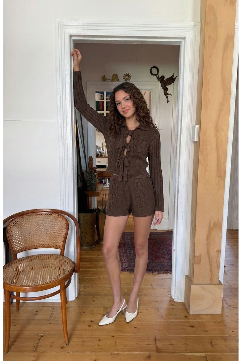 Ribbed Knit Romper with Bow Tie Front and Long Sleeves, Alternate, color, Brown