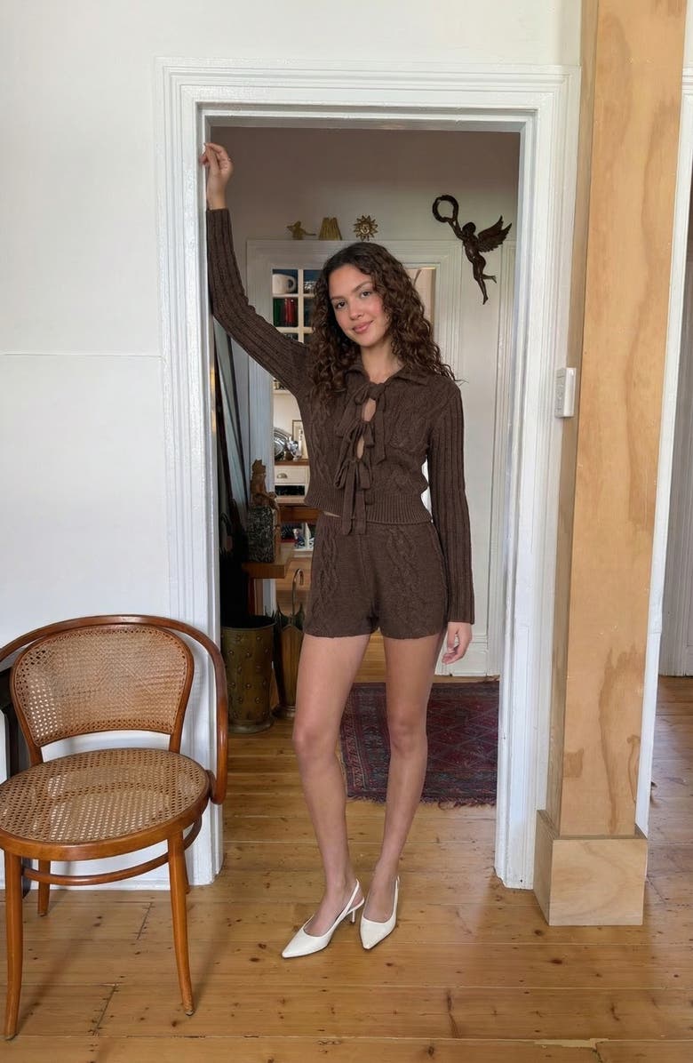 Modenaire Ribbed Knit Romper with Bow Tie Front and Long Sleeves, Alternate, color, Brown